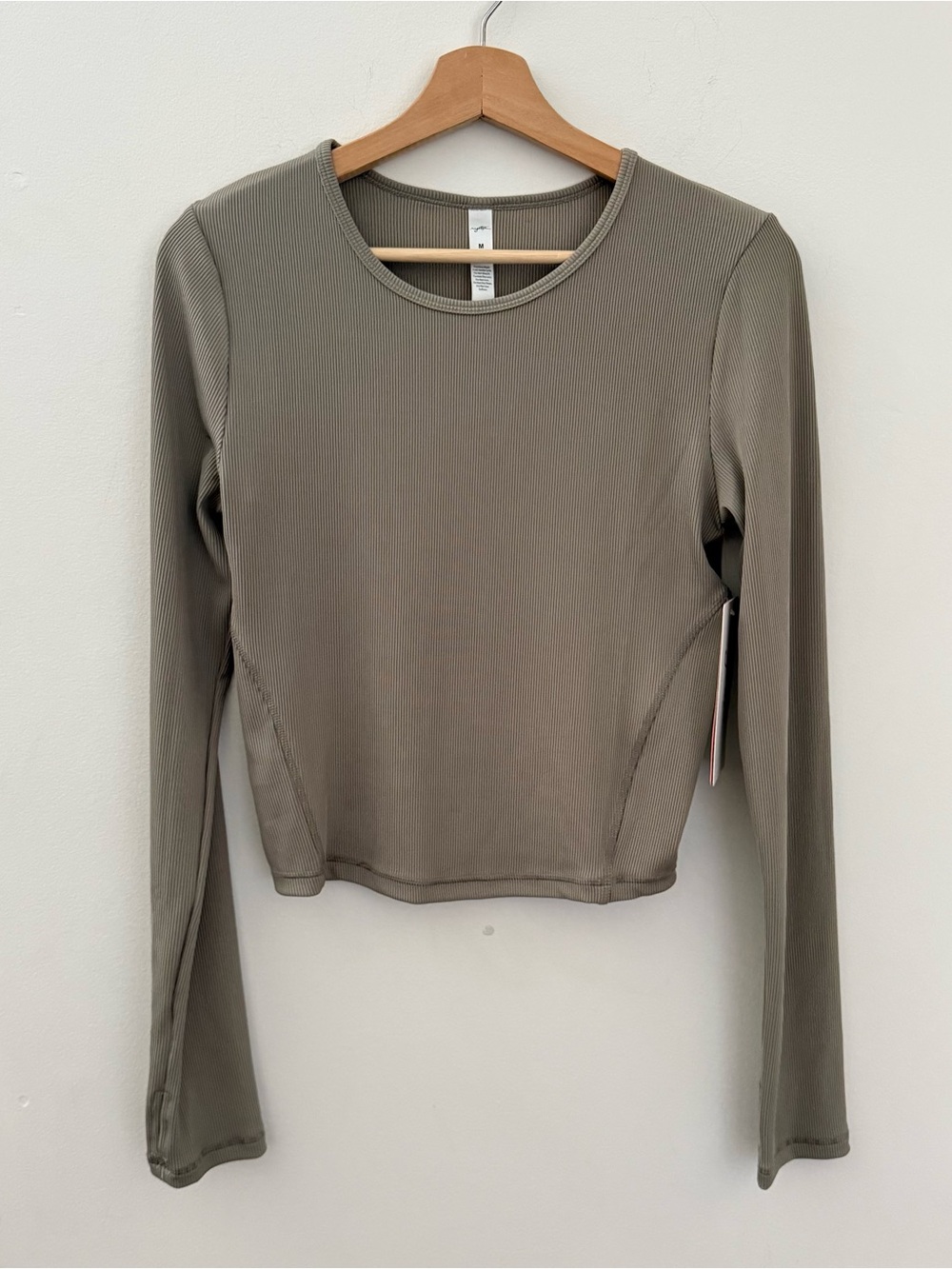 Gottex Studio Ribbed Long Sleeved Workout Tee Top Stone Taupe Gray M